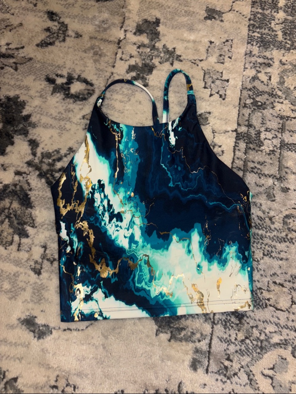 Women's Teal & Navy Marble Print Cropped Tank Top